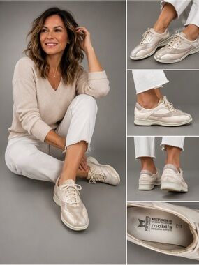 Mephisto Women's Air Relax Mobils Lace-Up Sneakers Genuine Leather Tan&Cream EUC